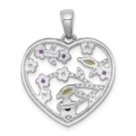 Sterling Silver Rhodium-plated Polished Amethyst and Peridot Flowers in Heart Pendant - Image 3