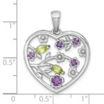 Sterling Silver Rhodium-plated Polished Amethyst and Peridot Flowers in Heart Pendant - Image 4