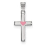 Sterling Silver Rhodium-plated Pink Enameled Heart Cross Charm