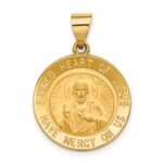 14k Polished and Satin Hollow Sacred Heart of Jesus Medal Round Pendant
