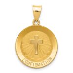 14k Polished and Satin Hollow CONFIRMATION with Cross Medal Round Pendant