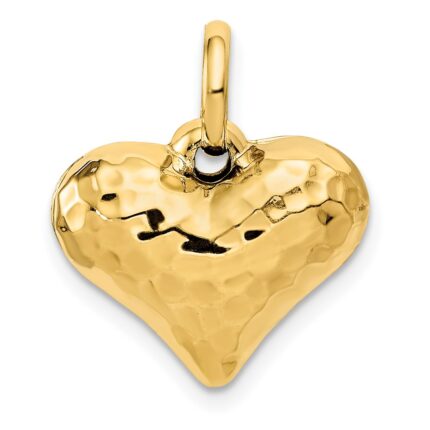 14K Polished and Hammered 3-D Puffed Heart Pendant