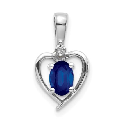 14k White Gold 6x4 Oval September/Sapphire and Diamond Heart Pendant