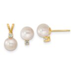 14k 6-7mm White Round Akoya Saltwater Cultured Pearl and .10 Carat Diamond Post Earrings and Pendant Set