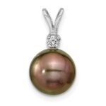 14k White Gold 9-10mm Black Round Tahitian Saltwater Cultured Pearl and .05 Carat Diamond Pendant