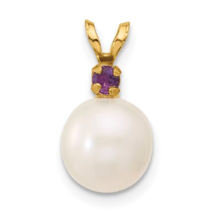 14k 8-8.5mm White Round Freshwater Cultured Pearl and .07AM Amethyst Pendant