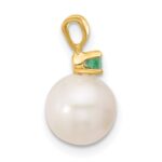 14k8-8.5mm White Round Freshwater Cultured Pearl and .09EM Emerald Pendant - Image 2