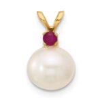 14k 8-8.5mm White Round Freshwater Cultured Pearl and .09RU Ruby Pendant