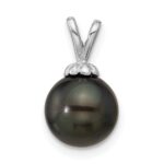 14k White Gold 8-9mm Round Black Tahitian Saltwater Cultured Pearl Pendant