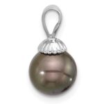 14K White Gold 8-9mm Round Black Tahitian Saltwater Cultured Pearl Pendant - Image 2