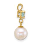 14k Polished 7-8mm Round White Freshwater Cultured Pearl Dangle and Blue Topaz Pendant - Image 2