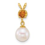 14k Polished 7-8mm Round White Freshwater Cultured Pearl Dangle and Citrine Pendant