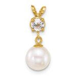 14k Polished 7-8mm Round White Freshwater Cultured Pearl Dangle and White Topaz Pendant