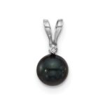 14k White Gold 5-6mm Black Round Akoya Saltwater Cultured Pearl and .01 Carat Diamond Pendant