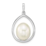 14K White Gold 8-9mm White Rice Freshwater Cultured Pearl Teardrop Pendant