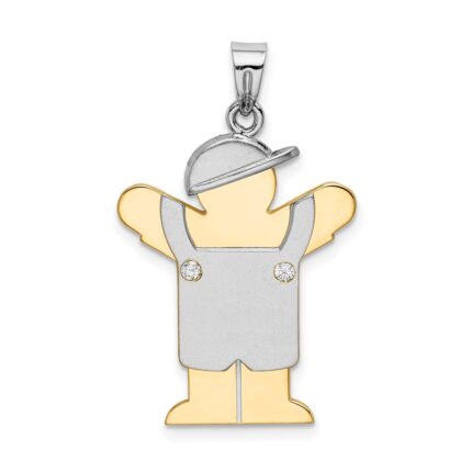 14k Two-tone The Kids Medium Boy in Overalls with Hat on Left AA Diamond Love Pendant