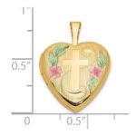 14k Pink and Green Enamel Floral Cross 16mm Heart Locket - Image 3