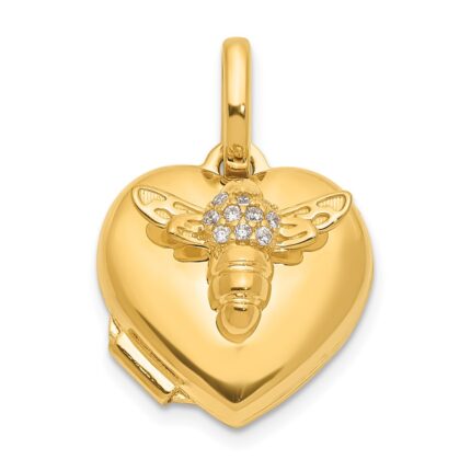 14K Polished CZ Bee 12mm Heart Locket