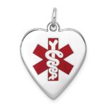 14k White Gold 19mm Heart-Shaped Red Enameled Medical Jewelry Pendant