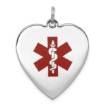 14k White Gold 24mm Heart-Shaped Red Enameled Medical Jewelry Pendant