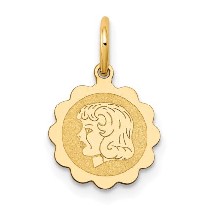 14k Girl Head on .009 Gauge 10mm Engravable Scalloped Disc Charm