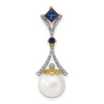 14k 8-9mm Round White Freshwater Cultured Pearl/Lab Created Sapphire/Diamond Chain Slide