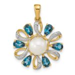 14k 6-7mm Button White Freshwater Cultured Pearl/Pear London Blue Topaz/Diamond Pendant