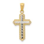 14K with White Rhodium Diamond Cut Cross Pendant