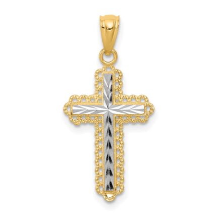 14K with White Rhodium Diamond Cut Cross Pendant