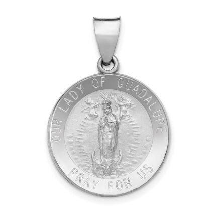 14K White Gold Polished and Satin Hollow Our Lady of Guadalupe Medal Round Pendant