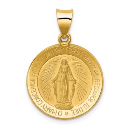 14k Polished and Satin Hollow Miraculous Medal Round Pendant