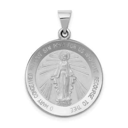 14k White Gold Polished and Satin Hollow Miraculous Medal Round Pendant