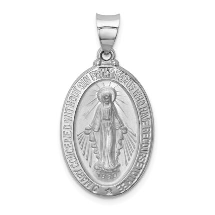 14k White Gold Polished and Satin Hollow Miraculous Medal Oval Pendant