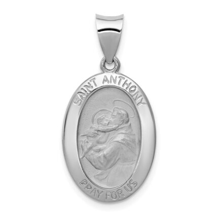 14k White Gold Polished and Satin Hollow St. Anthony Medal Oval Pendant