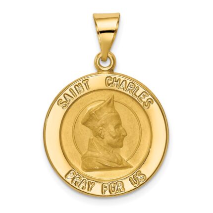 14k Polished and Satin Hollow St. Charles Medal Pendant