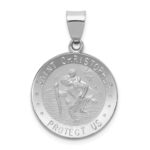 14k White Gold Polished and Satin Hollow St Christopher Medal Round Pendant