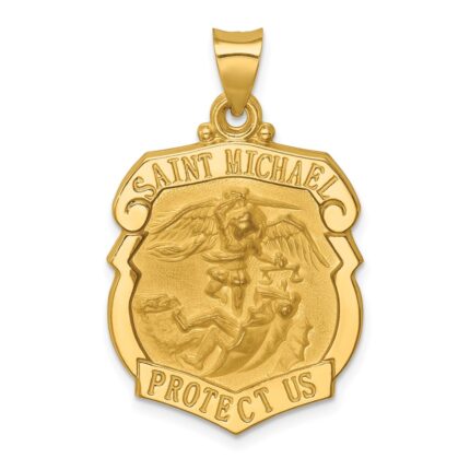 14k Polished and Satin Hollow Large St. Michael Medal Badge Pendant