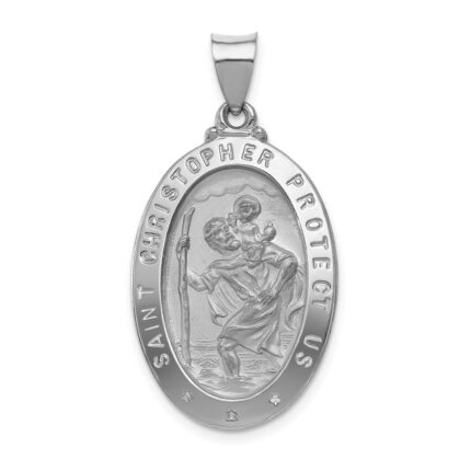 14k White Gold Polished and Satin Hollow St Christopher Medal Oval Pendant
