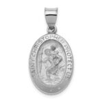 14k White Gold Polished and Satin Hollow St Christopher Medal Oval Pendant