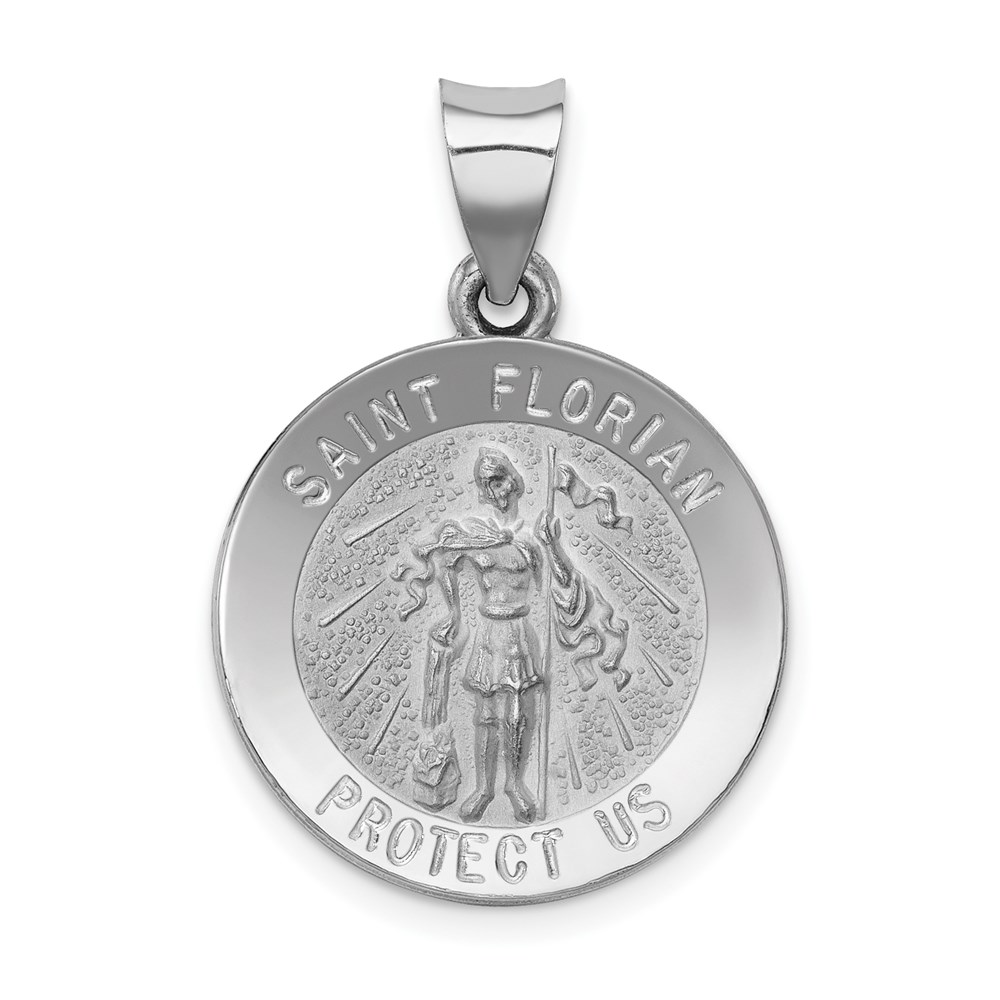 XR1318.jpg 14k White Gold Polished and Satin Hollow St Florian Medal Round Pendant - Image 1