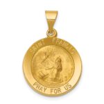 14k Polished and Satin Hollow St Francis Medal Round Pendant
