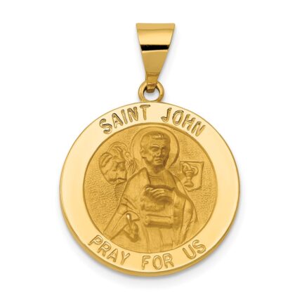 14k Polished and Satin Hollow Saint John Medal Round Pendant