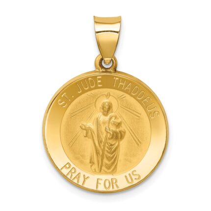 14k Polished and Satin Hollow St Jude Thaddeus Medal Round Pendant