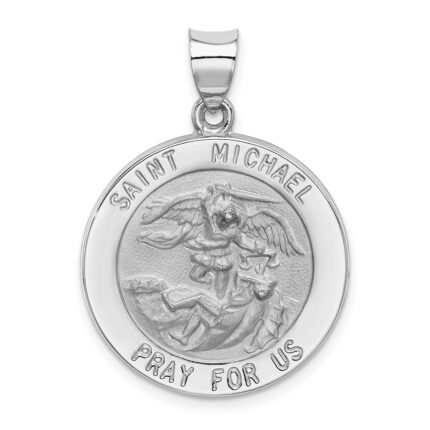 14k White Gold Polished and Satin Hollow St. Michael Medal Round Pendant