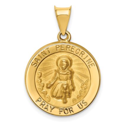 14k Polished and Satin Hollow St Peregrine Medal Round Pendant