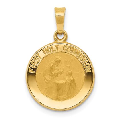 14k Polished and Satin Hollow FIRST HOLY COMMUNION Medal Round Pendant