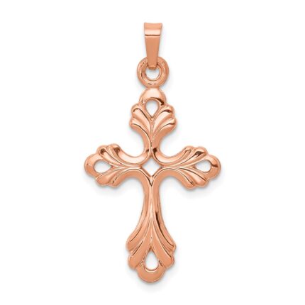 14K Rose Gold Polished Fleur De Lis Cross Pendant
