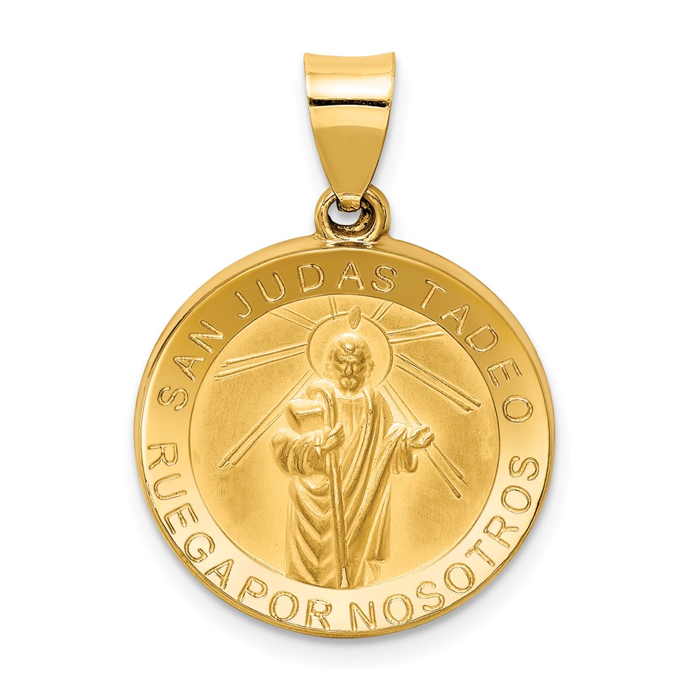 XR1690.jpg 14K Polished and Satin Hollow Spanish San Judas Tadeo Medal Round Pendant - Image 1