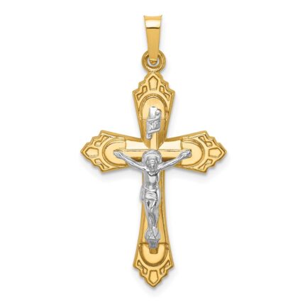 14k Two-tone Hollow Polished Fleur de Lis Crucifix Pendant