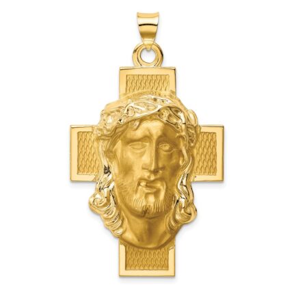 14k Hollow Polished and Satin Jesus Cross Medal Pendant